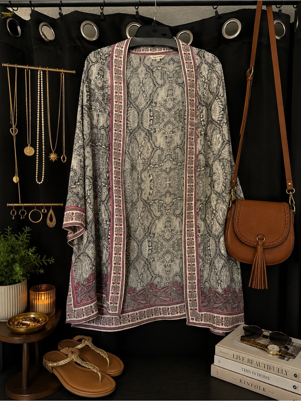 Max Studio Gray and Mauve Paisley Open Cardigan